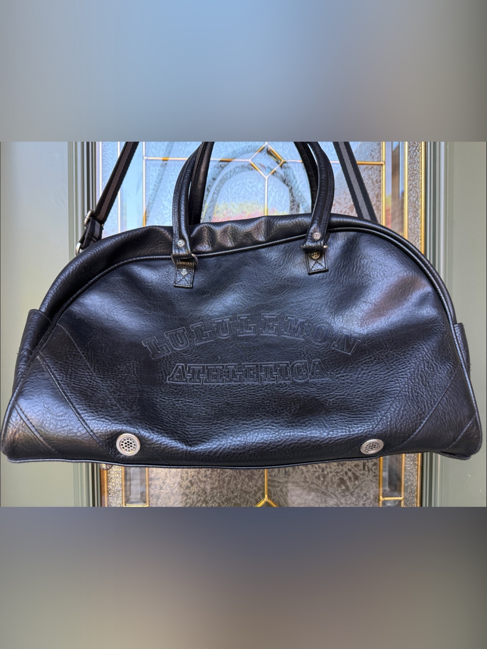 lululemon athletica Black Faux Leather Duffel with Striped Shoulder Strap, EUC!! - Picture 6 of 16
